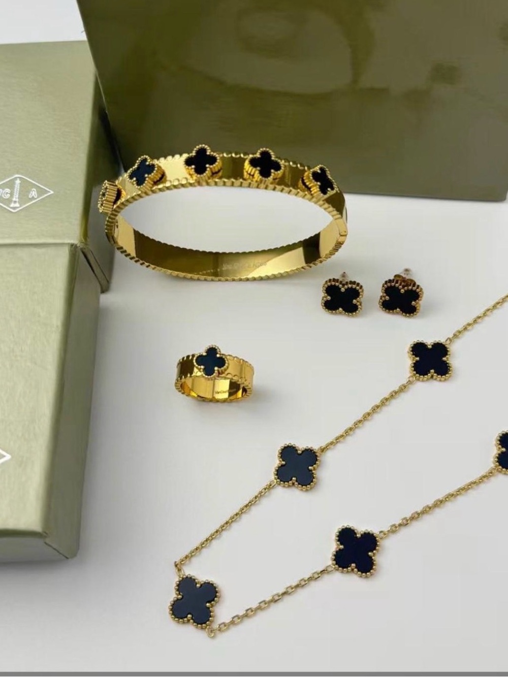 Gold and Black Clover Motif Jewelry Set - Necklace, Bracelet, Ring, Earrings